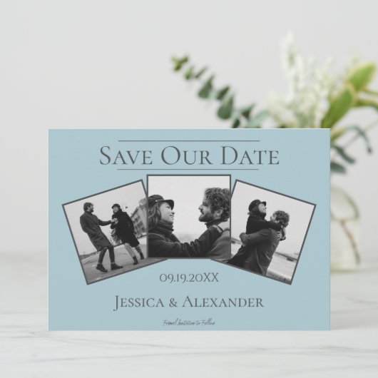 Eenvoudige 3 fotocollage | Blauw sparen de Datum Save The Date (Staand voorkant)