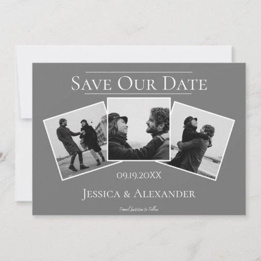 Eenvoudige 3 fotocollage | Grijs sparen de Datum Save The Date (Voorkant)