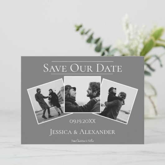 Eenvoudige 3 fotocollage | Grijs sparen de Datum Save The Date (Staand voorkant)