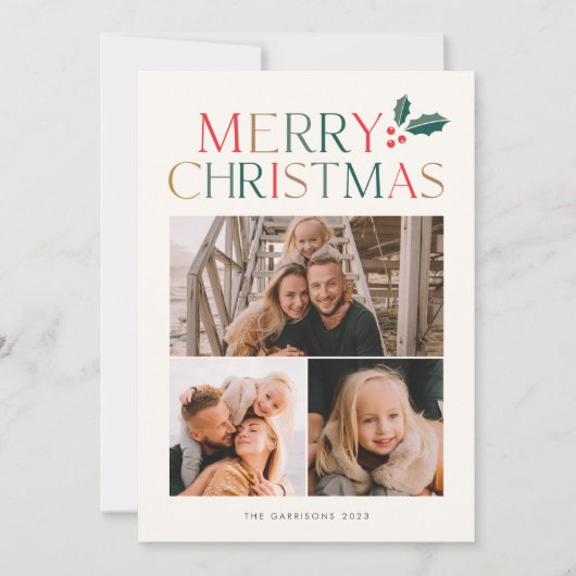 Eenvoudige 3 fotocollage kleurrijke vrolijke kerst feestdagenkaart (Voorkant)