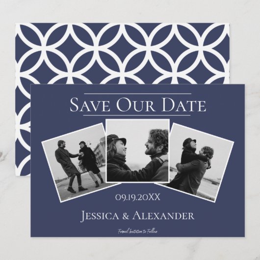 Eenvoudige 3 fotocollage | marine slaat de datum o save the date (Voorkant / Achterkant)