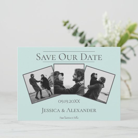 Eenvoudige 3 fotocollage | Mint Green Save the Dat Save The Date (Staand voorkant)