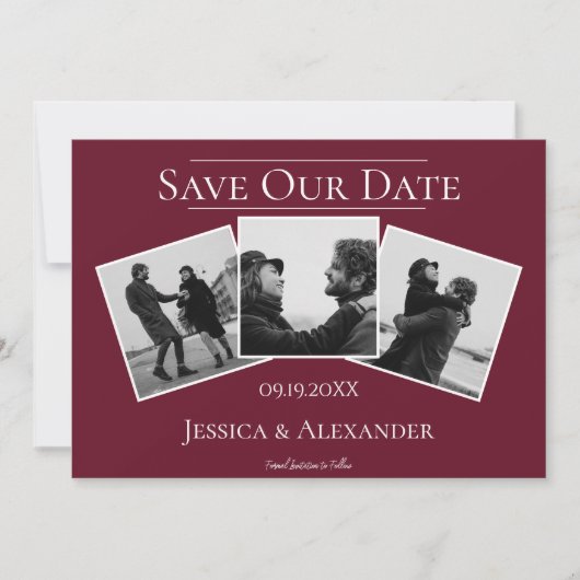 Eenvoudige 3 fotocollage | Wijnrood met datum Save The Date (Voorkant)