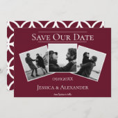 Eenvoudige 3 fotocollage | Wijnrood met datum Save The Date (Voorkant / Achterkant)