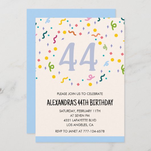 Eenvoudige 44e verjaardagsuitnodiging Confetti Mod Kaart (Voorkant / Achterkant)