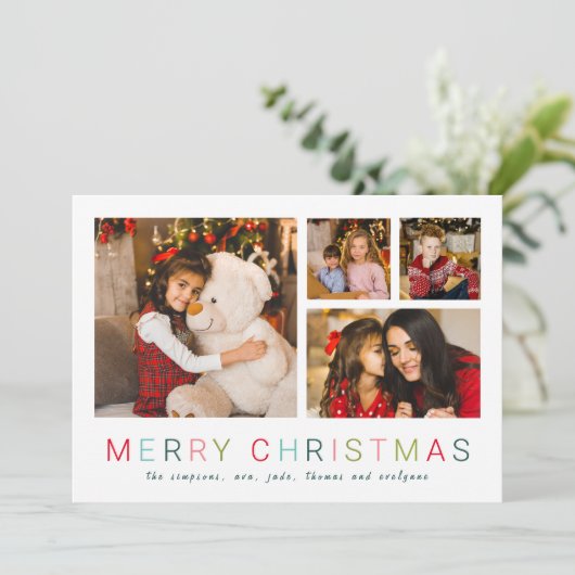 Eenvoudige 4 foto-collage Merry kerst kleurrijk  Feestdagenkaart (Staand voorkant)