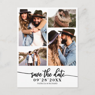Eenvoudige 4 foto collage trouw save the date briefkaart