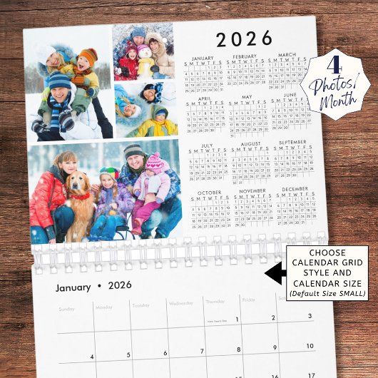 Eenvoudige 4 foto's per maand 2026 Jaaroverzicht Kalender