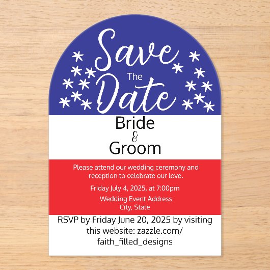 Eenvoudige 4 juli Patriottische Country Wedding Acryl Uitnodigingen (Voorkant)