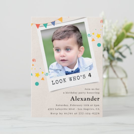 Eenvoudige 4e verjaardag uitnodigingen Boy Photo (Staand voorkant)