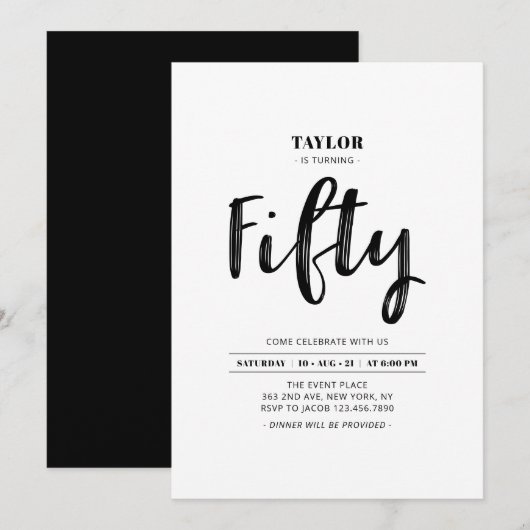 Eenvoudige 50e verjaardag van zwart-wit kaart (Voorkant / Achterkant)