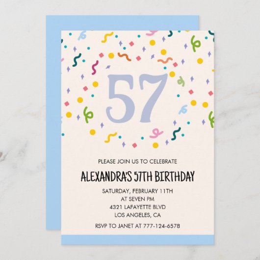 Eenvoudige 57e verjaardagsuitnodiging Confetti Mod Kaart (Voorkant / Achterkant)