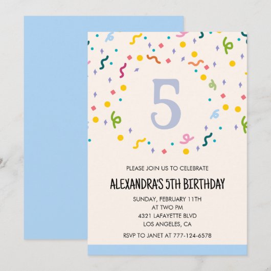 Eenvoudige 5e verjaardagsuitnodigingen Confetti Mo Kaart (Voorkant / Achterkant)