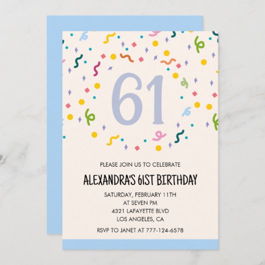 Eenvoudige 61e verjaardagsuitnodiging Confetti Mod Kaart (Voorkant / Achterkant)