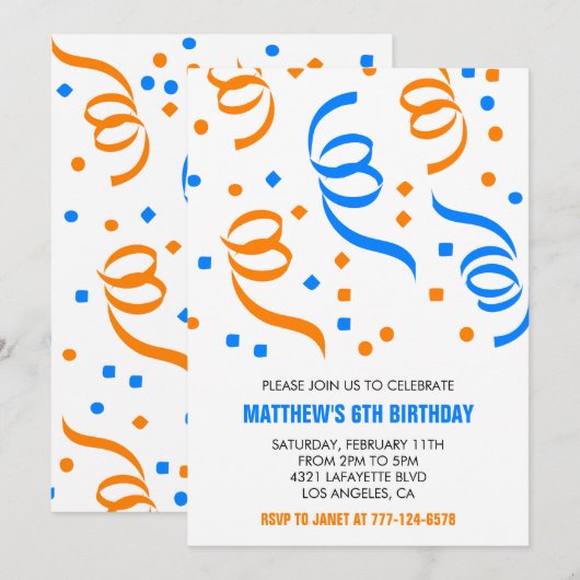 Eenvoudige 6e verjaardagsuitnodiging Confetti Blue Kaart (Voorkant / Achterkant)