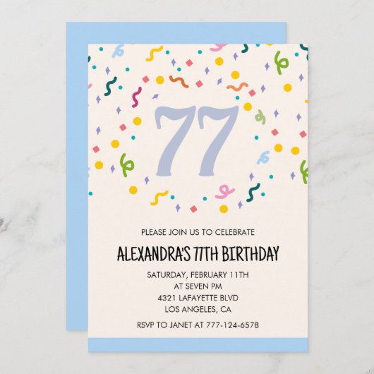 Eenvoudige 77e verjaardagsuitnodiging Confetti Mod Kaart (Voorkant / Achterkant)