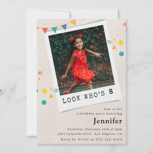 Eenvoudige 8e verjaardag uitnodigingen Meisje Foto (Voorkant)