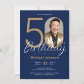 Eenvoudige Aangepaste Foto Goud Marine Blauw 50ste Kaart (Voorkant)