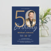 Eenvoudige Aangepaste Foto Goud Marine Blauw 50ste Kaart (Staand voorkant)