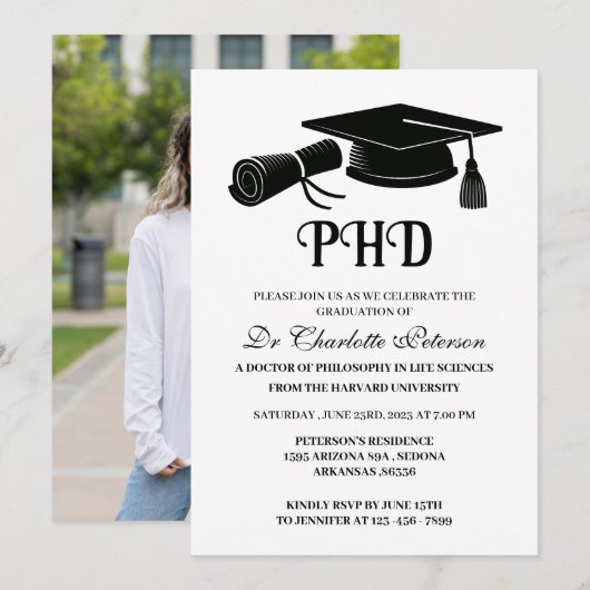 Eenvoudige Aangepaste Foto PHD Doctoraat Afstudere Kaart (Voorkant / Achterkant)