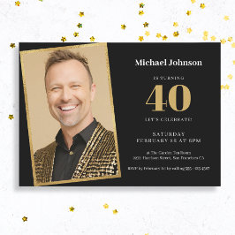 Eenvoudige aangepaste foto zwart goud 40e verjaard kaart