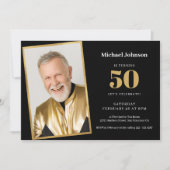 Eenvoudige aangepaste foto zwart goud 50ste verjaa kaart (Voorkant)