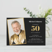 Eenvoudige aangepaste foto zwart goud 50ste verjaa kaart (Staand voorkant)