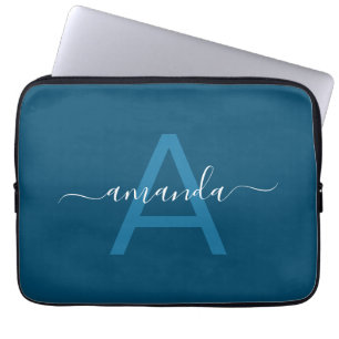 Eenvoudige aangepaste naam en monogrammen blauw op laptop sleeve
