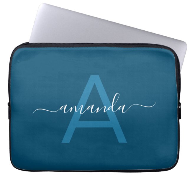 Eenvoudige aangepaste naam en monogrammen blauw op laptop sleeve (Voorkant)