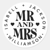 Eenvoudige aangepaste naam Mr. Mrs. Wedding Heart Ronde Sticker (Voorkant)