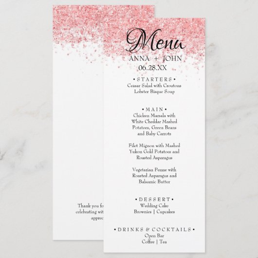 Eenvoudige aangepaste tekst roze glitter Weddenren Menu (Voorkant / Achterkant)