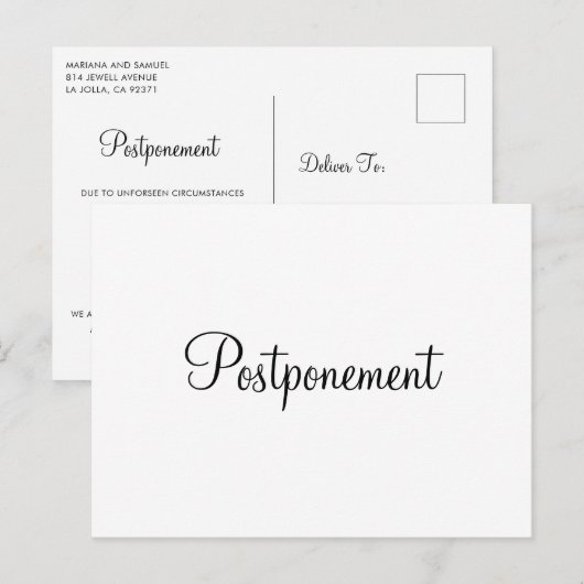 Eenvoudige aankondiging van uitstellen van weddens briefkaart (Voorkant / Achterkant)