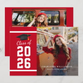 Eenvoudige Afstuderen 2026 Rood Wit Afstudeerfoto Aankondiging (Voorkant / Achterkant)