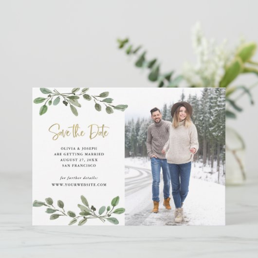 Eenvoudige Aquarel Groene Tinten en Gouden Foto Save The Date (Staand voorkant)