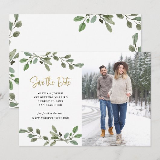 Eenvoudige Aquarel Groene Tinten en Gouden Foto Save The Date (Voorkant / Achterkant)