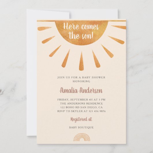 Eenvoudige Aquarel Hier Komt de Zoon Baby Shower Kaart (Voorkant)