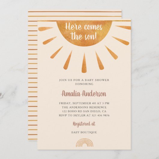 Eenvoudige Aquarel Hier Komt de Zoon Baby Shower Kaart (Voorkant / Achterkant)