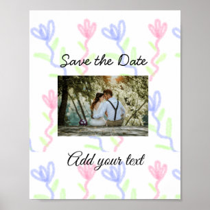 Eenvoudige aquarel Roze blauwe bloem save the date Poster