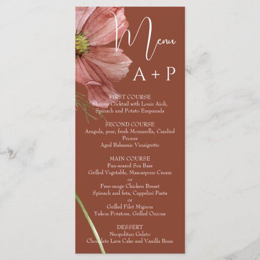 Eenvoudige Aquarel Terracotta Bloemige Bruiloft Menu (Voorkant)
