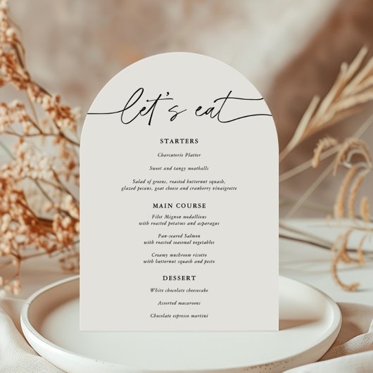 Eenvoudige Arch Let's Eat Wedding Menu Kaart