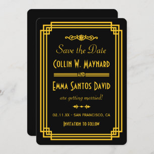 Eenvoudige Art Deco Black en Gold Save the Date Kaart