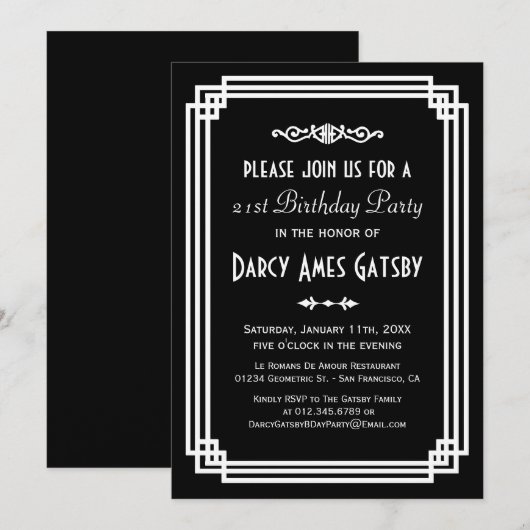 Eenvoudige Art Deco Black & White Birthday Party Kaart (Voorkant / Achterkant)