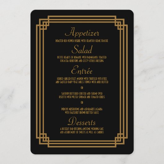 Eenvoudige Art Deco Zwart Bruiloft Menu Kaarten (Voorkant)