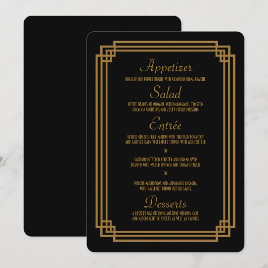 Eenvoudige Art Deco Zwart Bruiloft Menu Kaarten (Voorkant / Achterkant)