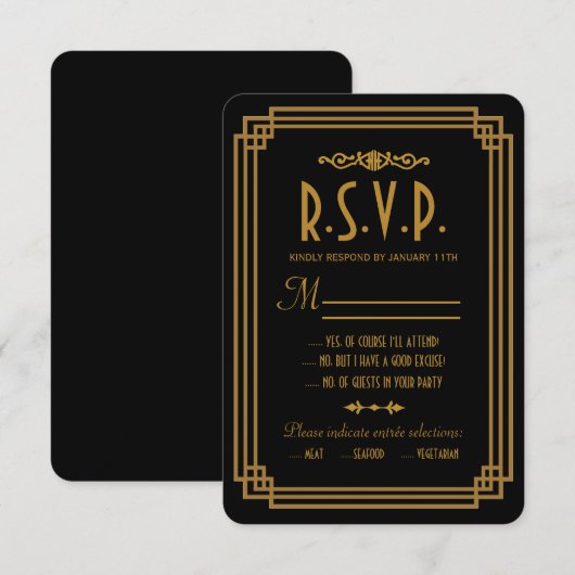 Eenvoudige Art Deco Zwart Bruiloft Reactie Kaarten RSVP Kaartje (Voorkant / Achterkant)