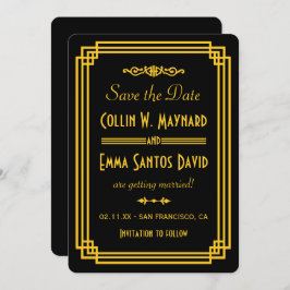 Eenvoudige Art Deco Zwart en Goud Save The Date Kaart