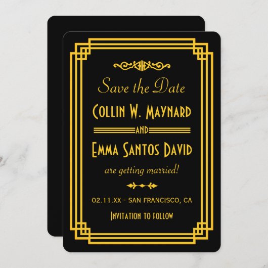 Eenvoudige Art Deco Zwarte en Gouden Save The Date Kaart (Voorkant / Achterkant)