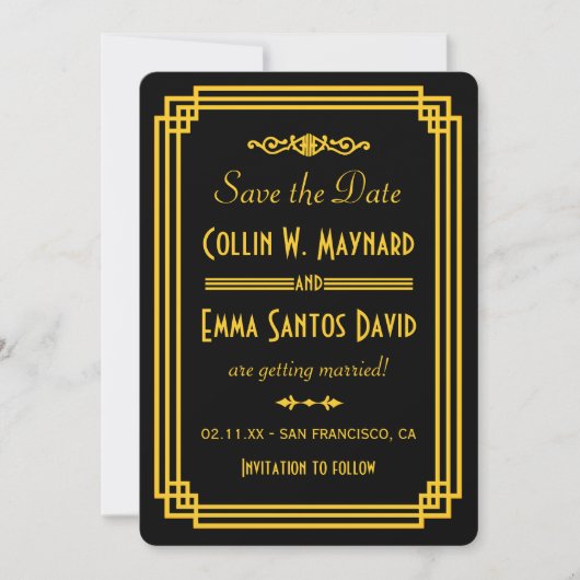 Eenvoudige Art Deco Zwarte en Gouden Save The Date Kaart (Voorkant)