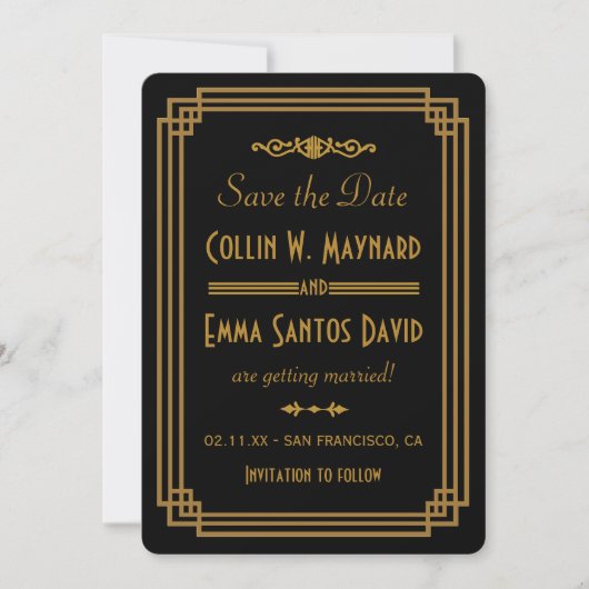 Eenvoudige Art Deco Zwarte Save The Date (Voorkant)