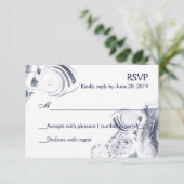 Eenvoudige artistieke marine Blue Seashells RSVP (Staand voorkant)